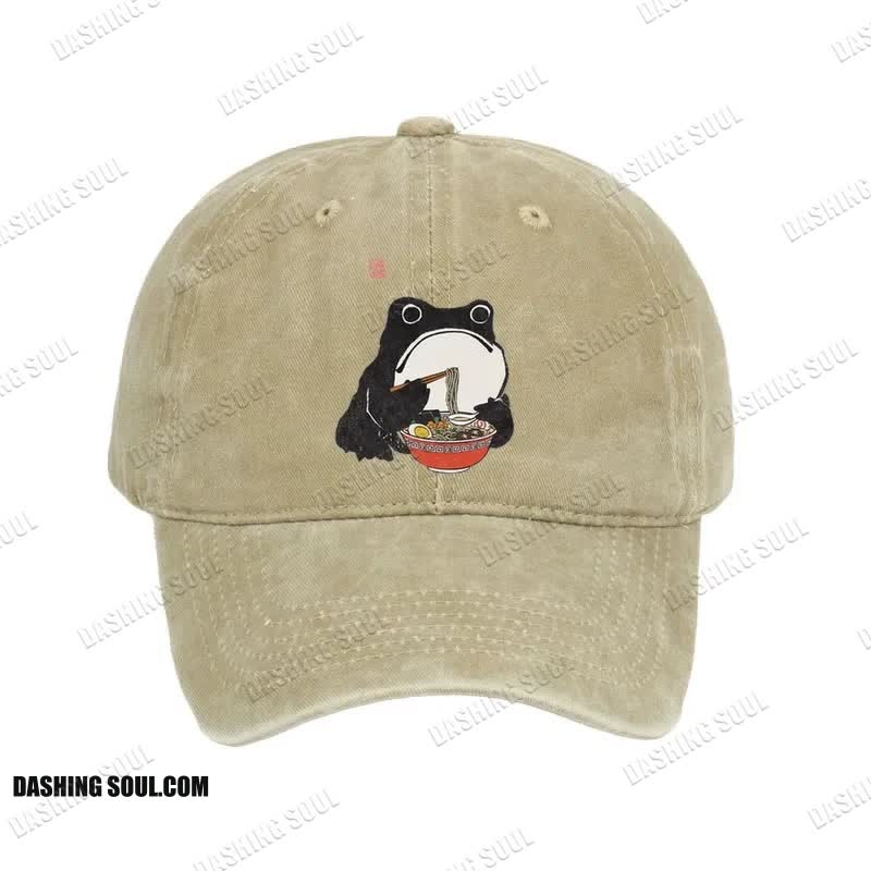 Unisex 100% Cotton Funny Frog Eating Ramen Vintage Print Cap