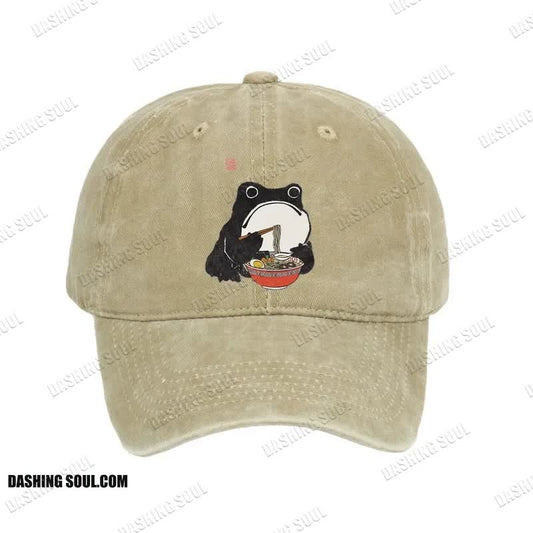 Unisex 100% Cotton Funny Frog Eating Ramen Vintage Print Cap