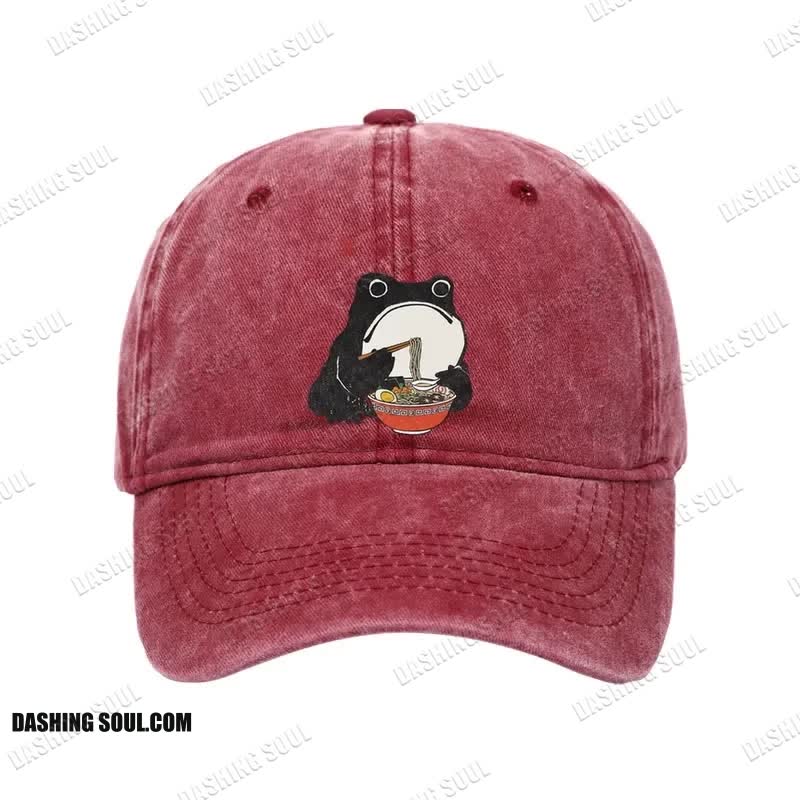 Unisex 100% Cotton Funny Frog Eating Ramen Vintage Print Cap