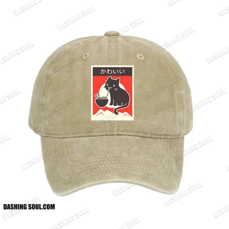 Unisex 100% Cotton Kawaii Vintage Style Japenese Ramen Cat Print Cap