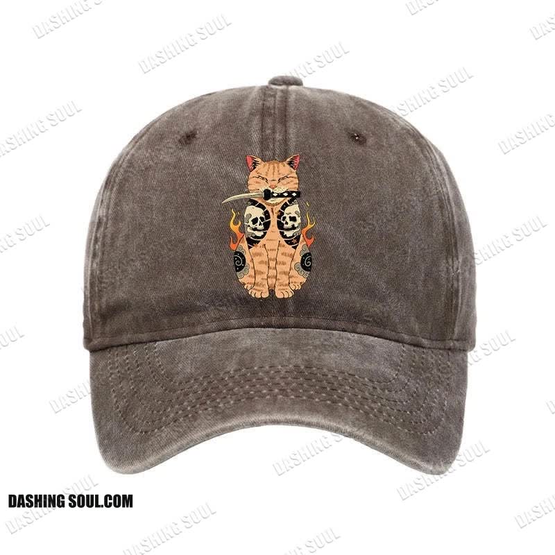 Unisex 100% Cotton Catana Cat Skull Tattooed Samurai Vintage Print Cap