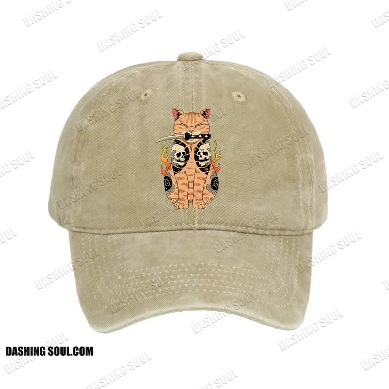 Unisex 100% Cotton Catana Cat Skull Tattooed Samurai Vintage Print Cap