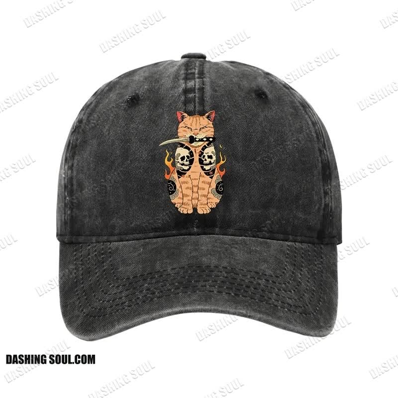Unisex 100% Cotton Catana Cat Skull Tattooed Samurai Vintage Print Cap