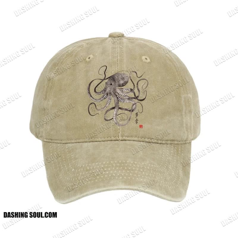 Unisex 100% Cotton Octopus Japanese Calligraphy Vintage Print Cap