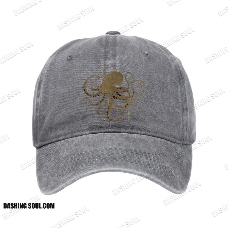Unisex 100% Cotton Octopus Japanese Gold Print Tattoo Vintage Print Cap