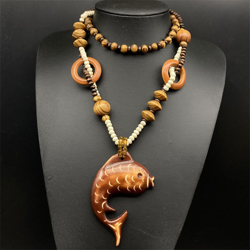 Dashingsoul Vintage Bohemian Fish Pendant Wood Beads Long Necklace