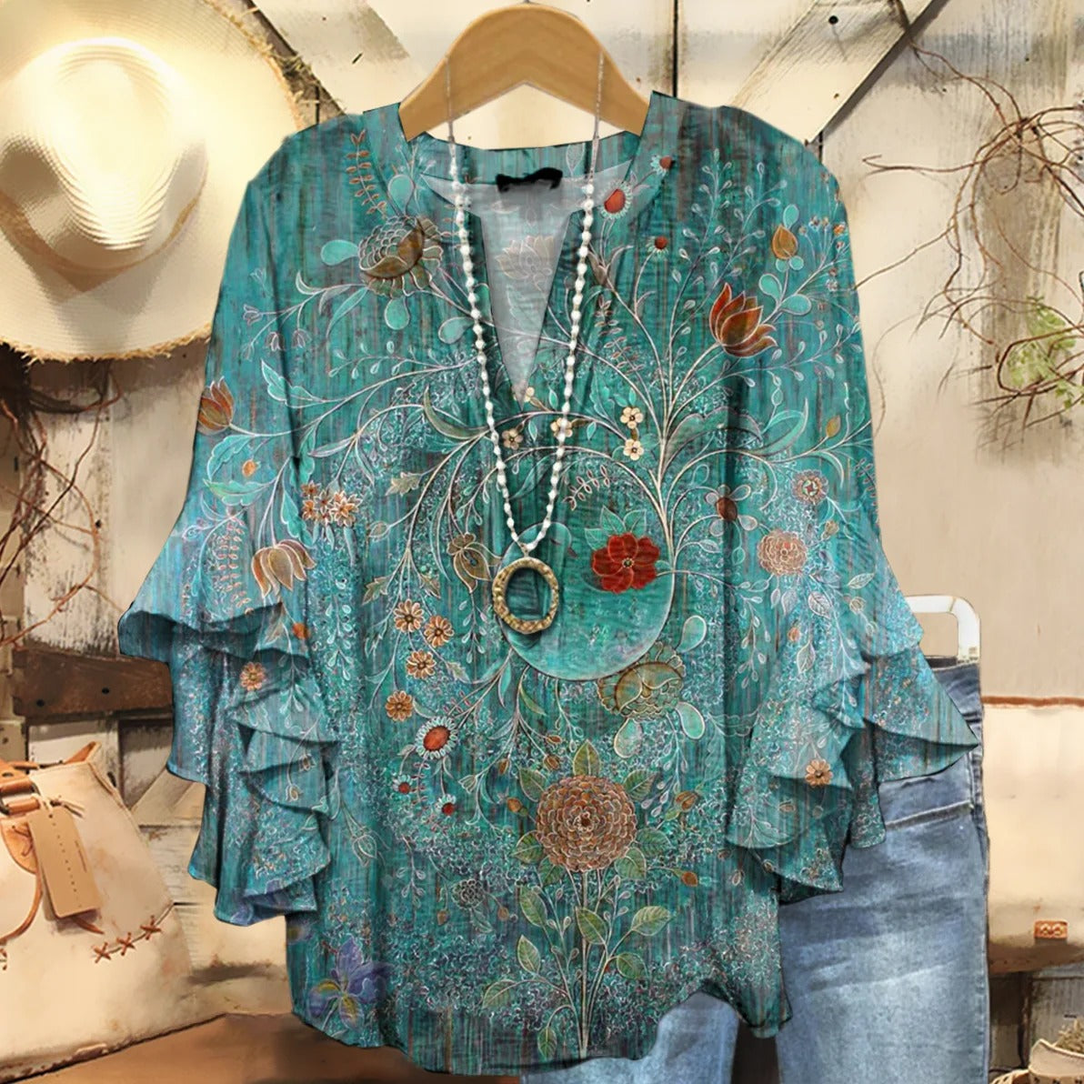 Women's Vintage Floral Art Print V-neck Casual T-Shirt-1