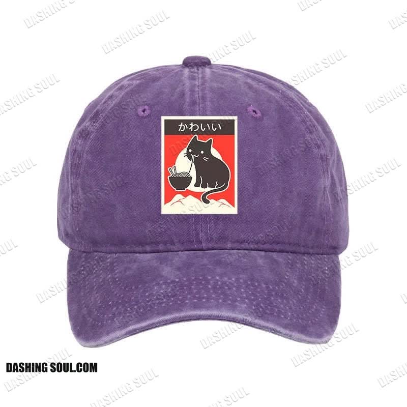Unisex 100% Cotton Kawaii Vintage Style Japenese Ramen Cat Print Cap