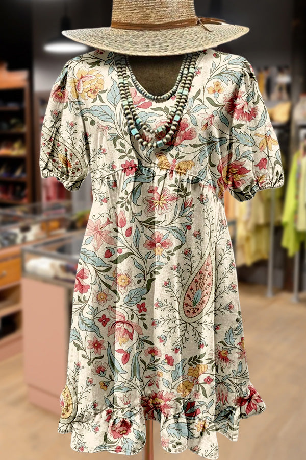 Retro Floral Print Puff Sleeve Mini Dress