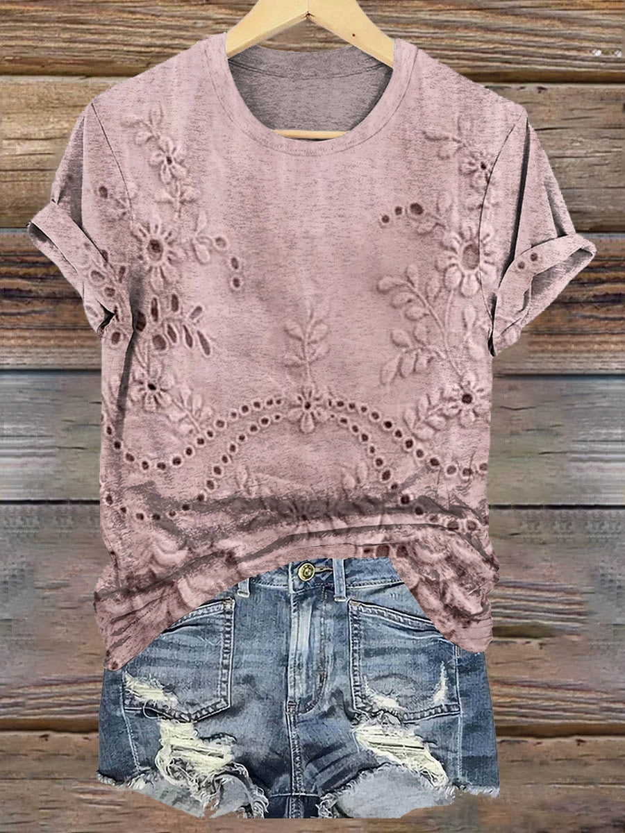 Women's Vintage Floral Texture Patterns Print Crew Neck Casual T-Shirt