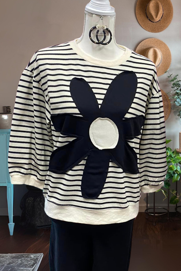 Striped Stitched Floral 3/4 Sleeve Sweatshirt