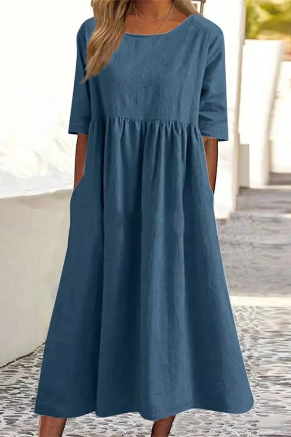 Casual Half Sleeve Pocket Design Linen Dress