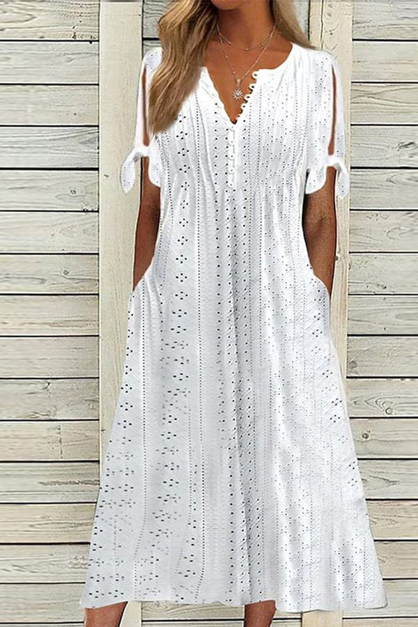 Solid V-Neck Short Sleeve Hollow Out Dress