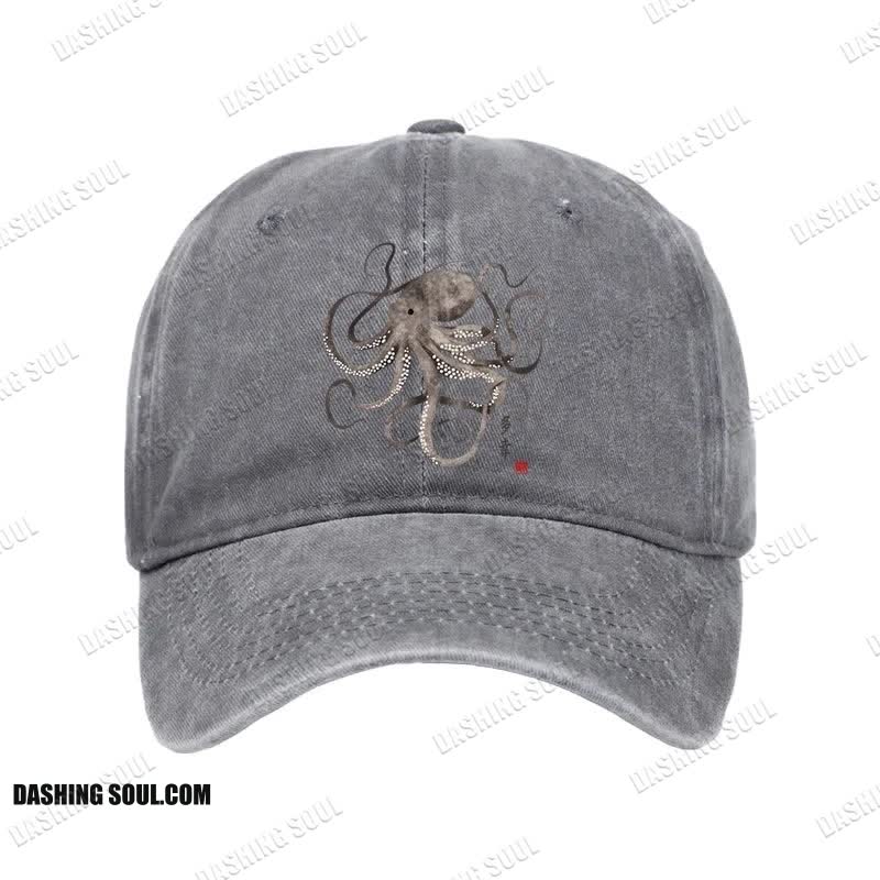 Unisex 100% Cotton Octopus Japanese Calligraphy Vintage Print Cap