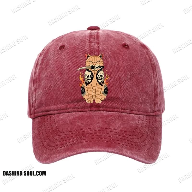 Unisex 100% Cotton Catana Cat Skull Tattooed Samurai Vintage Print Cap