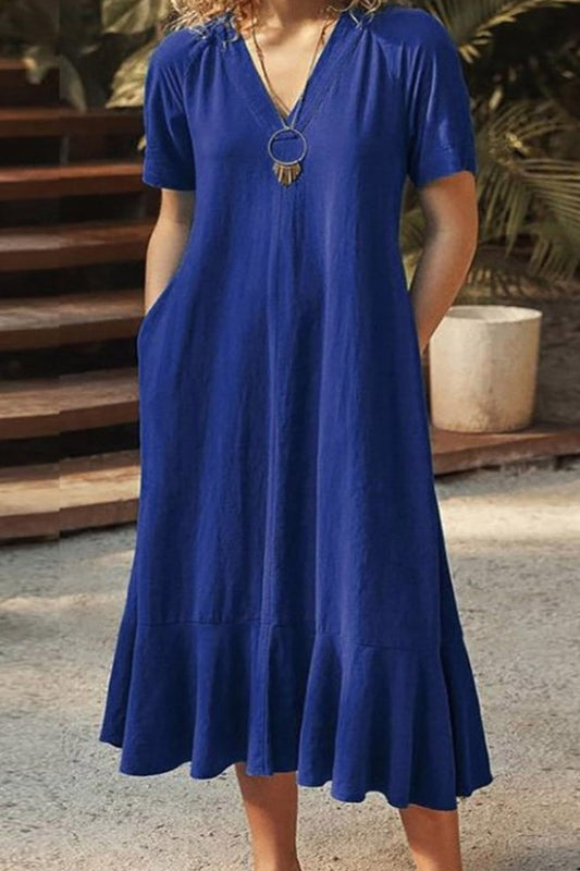 Casual Short Sleeve V-Neck Ruffle Hem Midi Dress