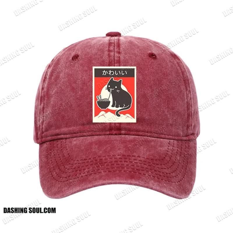 Unisex 100% Cotton Kawaii Vintage Style Japenese Ramen Cat Print Cap
