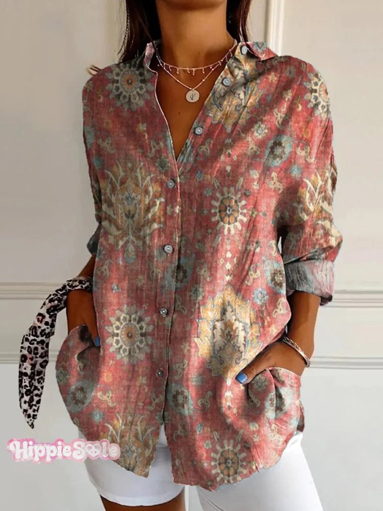 Women's Retro Ethnic Totem Pattern Casual Linen V-neck Shirt