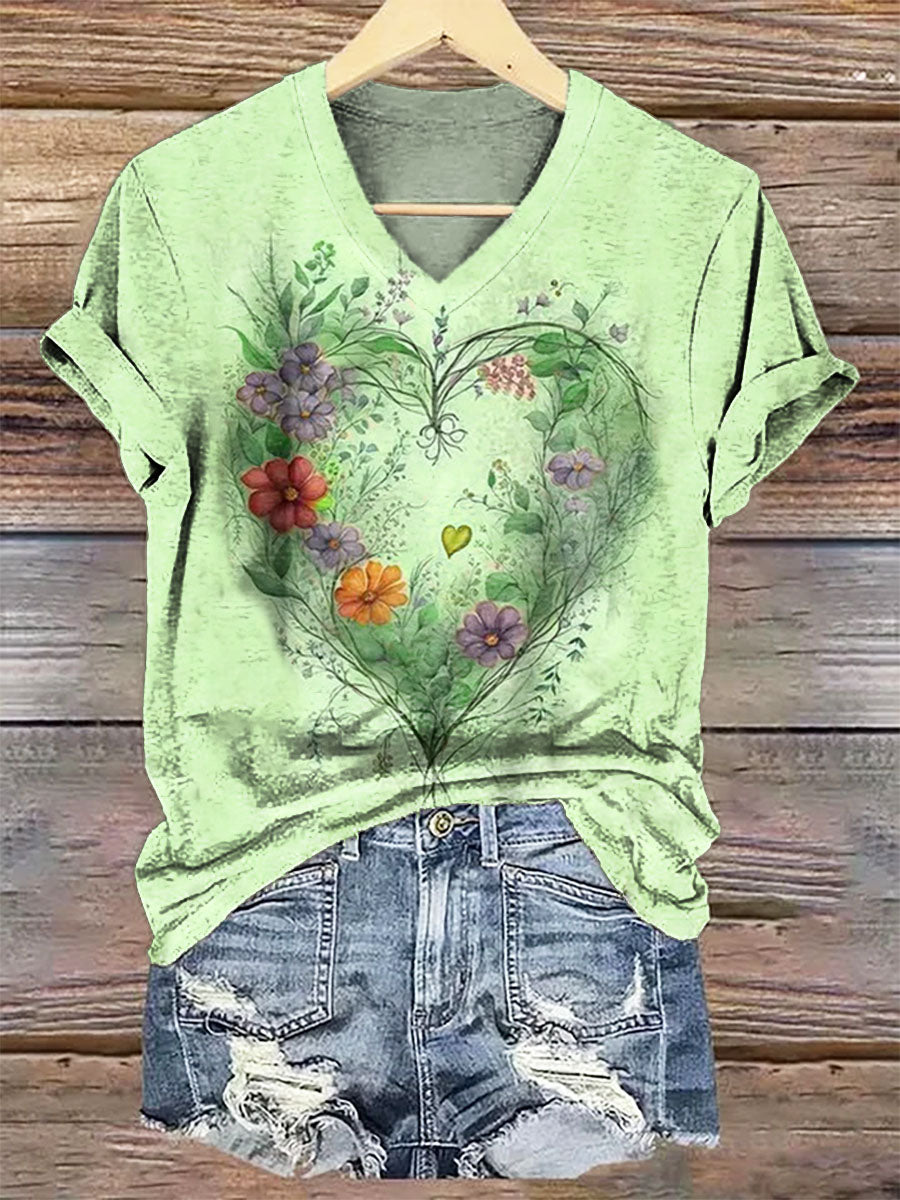 Women's Floral Heart Art V-Neck Casual T-Shirt