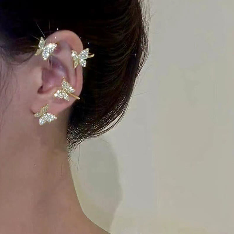 Dashingsoul Fashionable Clip-on Earrings Silver Metal Butterfly Ear Clips Without Piercing For Women Shiny Zircon Ear Clips