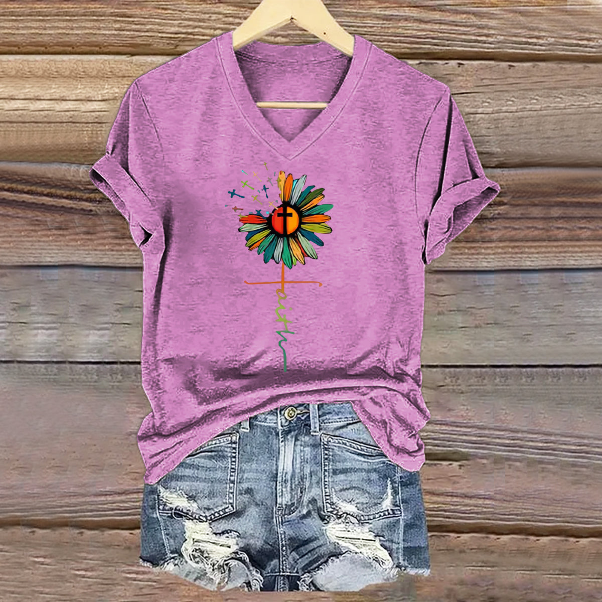 Women's Hippie Floral Art Print V-neck Casual T-Shirt