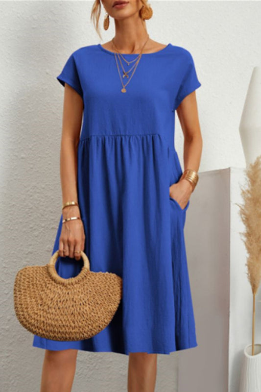 Solid Round Neck Short Sleeve Dress