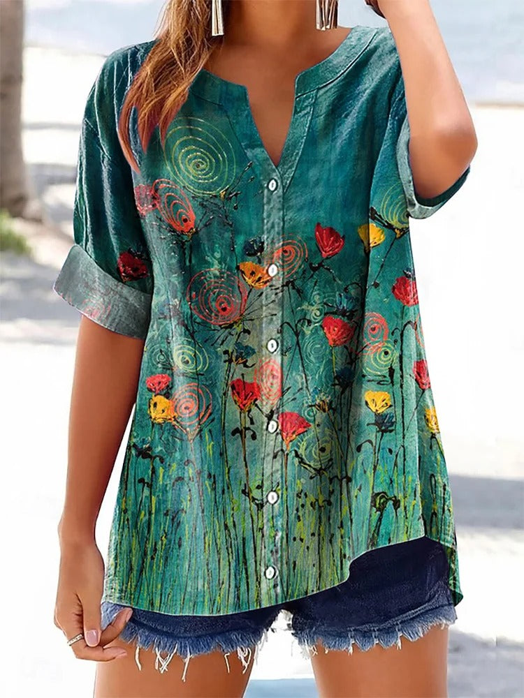 Women's Floral Pattern Art Print Casual Cotton Linen Shirt