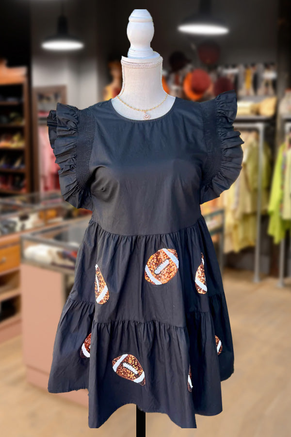 Solid Ruffle Sleeve Sequin Patch Mini Dress