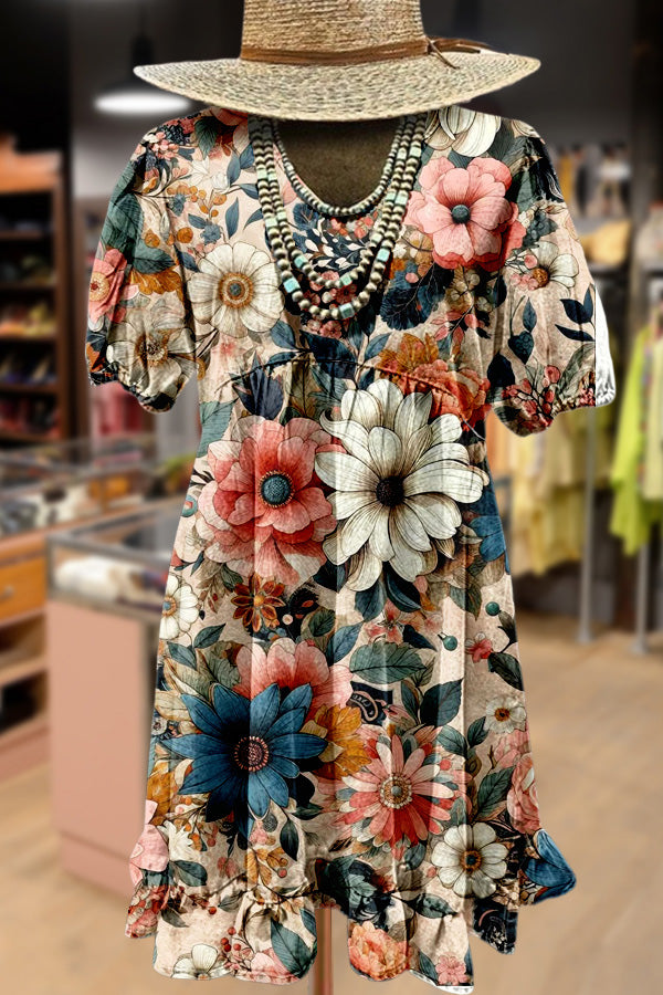 Multi Floral Print Puff Sleeve Mini Dress