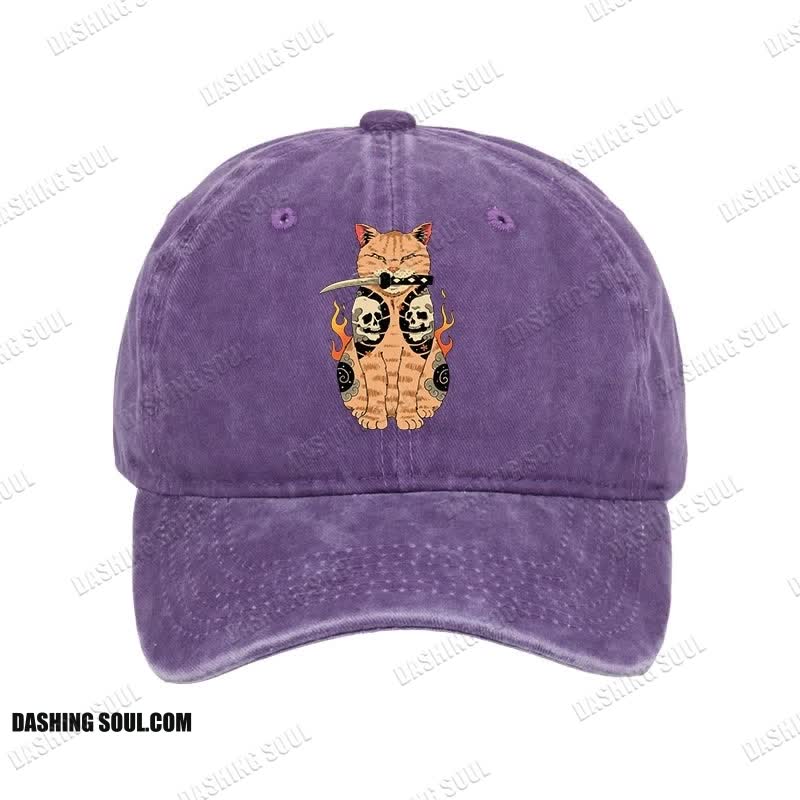 Unisex 100% Cotton Catana Cat Skull Tattooed Samurai Vintage Print Cap