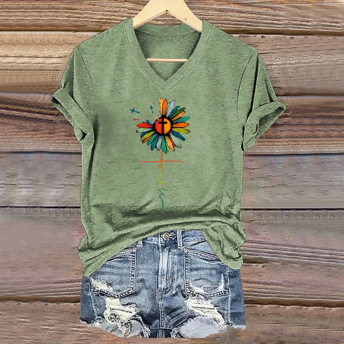 Women's Hippie Floral Art Print V-neck Casual T-Shirt