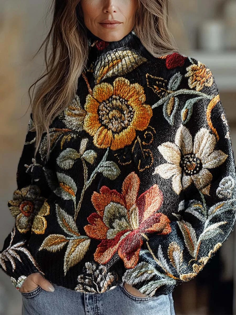 Women's Vintage Lovely Floral Art Print Knit Turtleneck Pullover Sweater