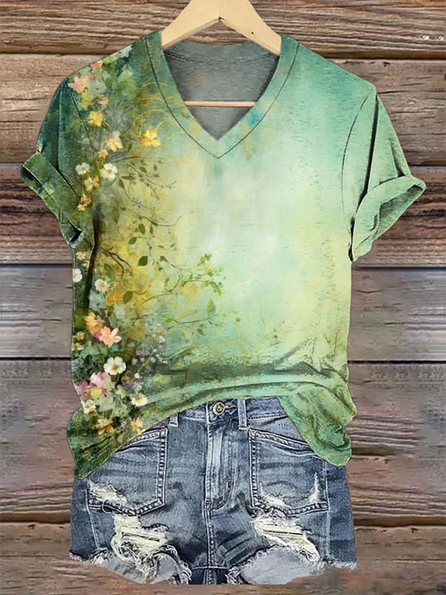 Women's Vintage Floral Art Print V-neck Casual T-Shirt-1