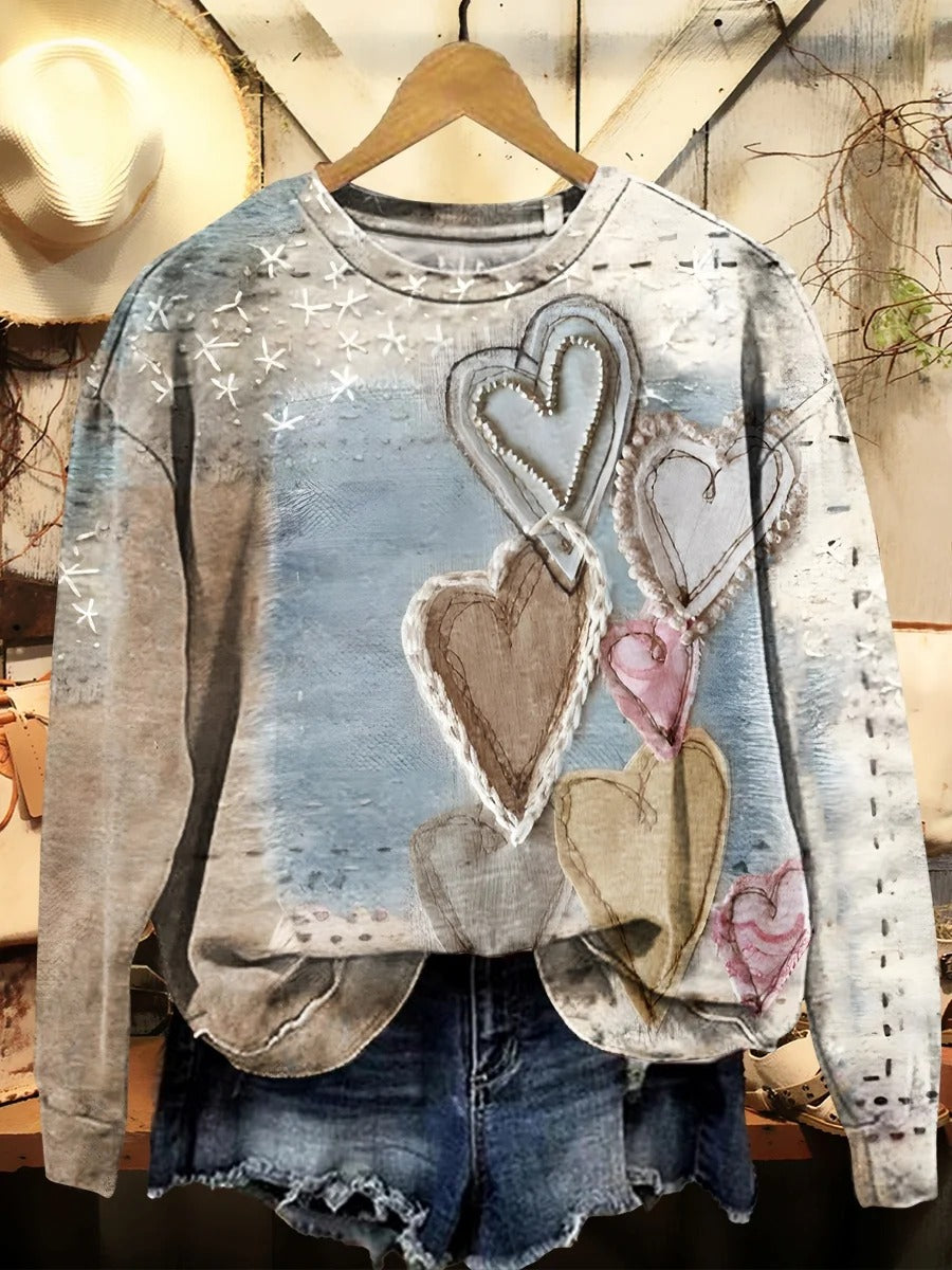 Valentine'S Day Vintage Heart Pattern Print Crew Neck T-shirt