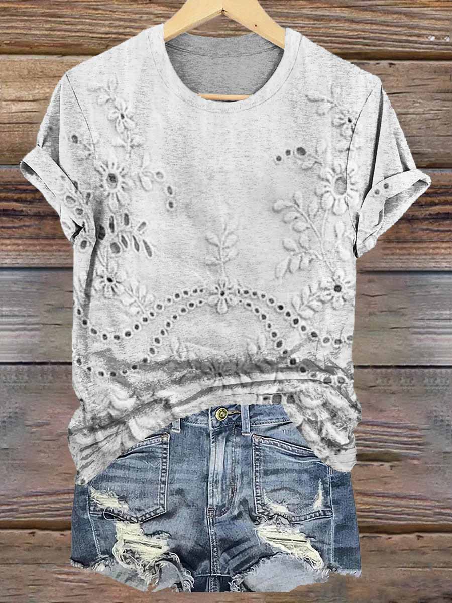 Women's Vintage Floral Texture Patterns Print Crew Neck Casual T-Shirt