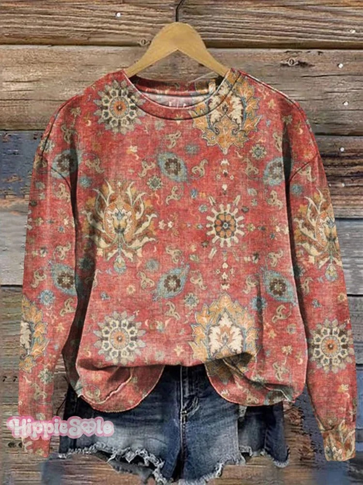 Women's Retro Ethnic Totem Pattern Casual Linen V-neck Shirt