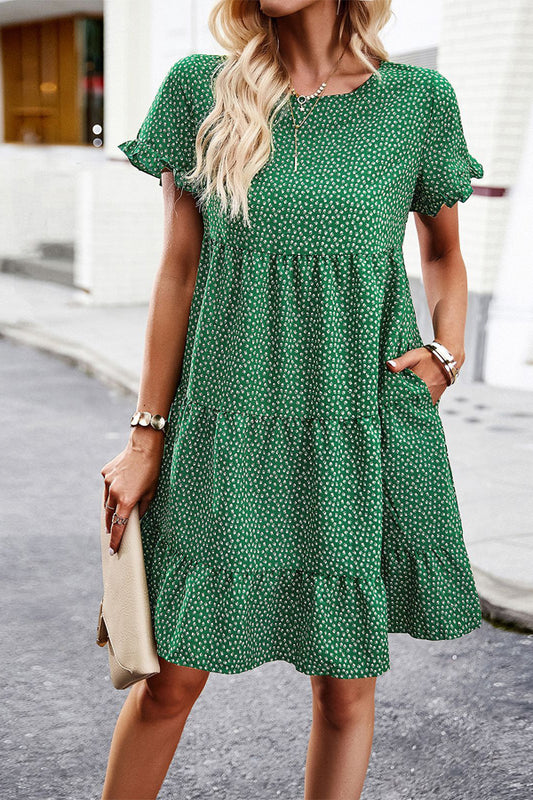 Dot Print Ruffle Sleeve Tiered Mini Dress