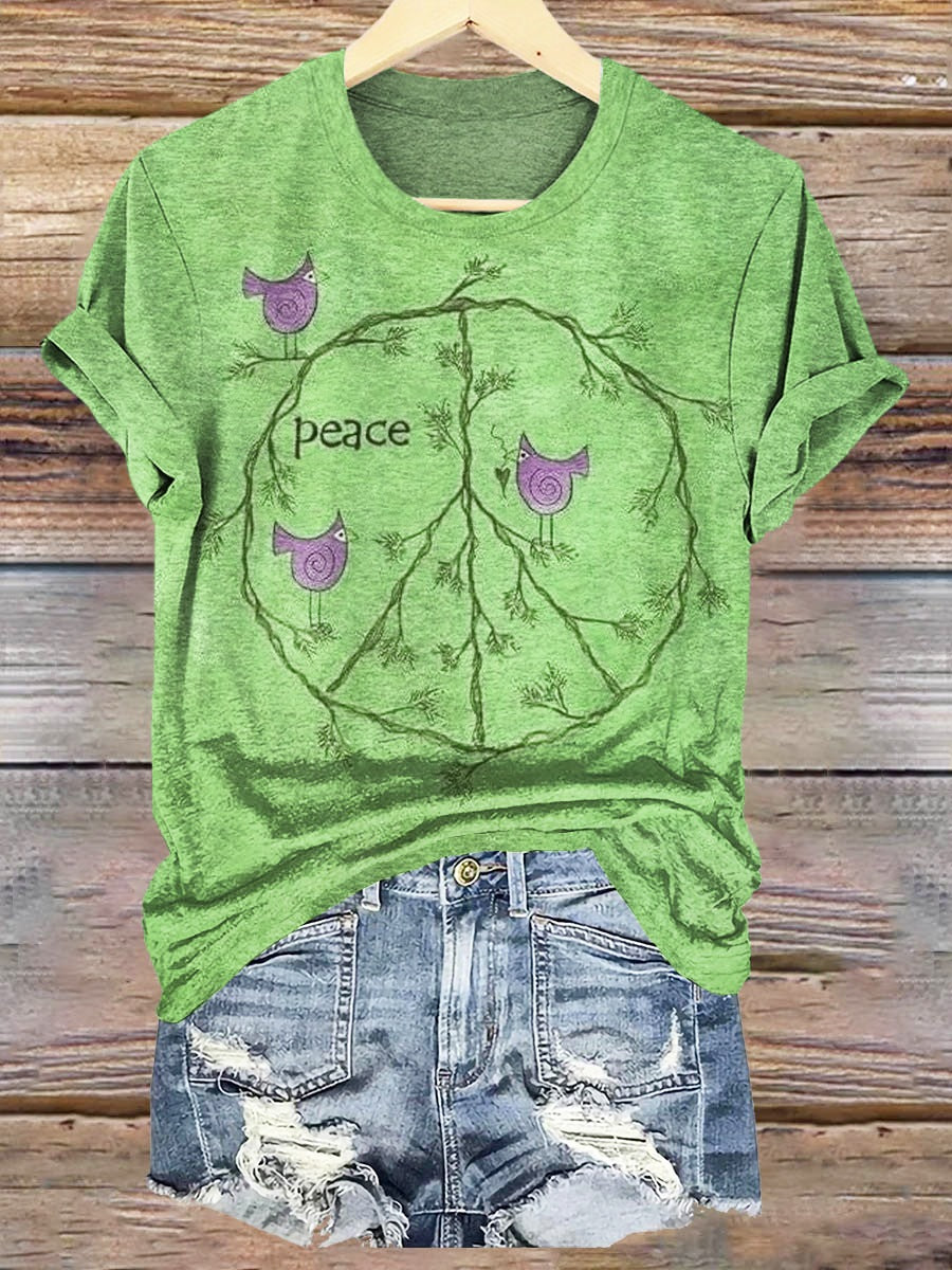 Women's Vintage Peace Love Birds Print Crew Neck T-shirt