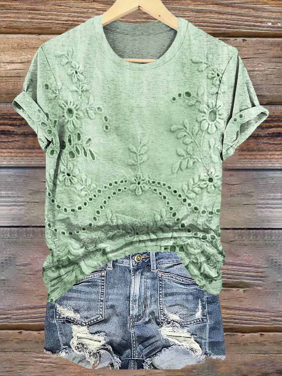 Women's Vintage Floral Texture Patterns Print Crew Neck Casual T-Shirt