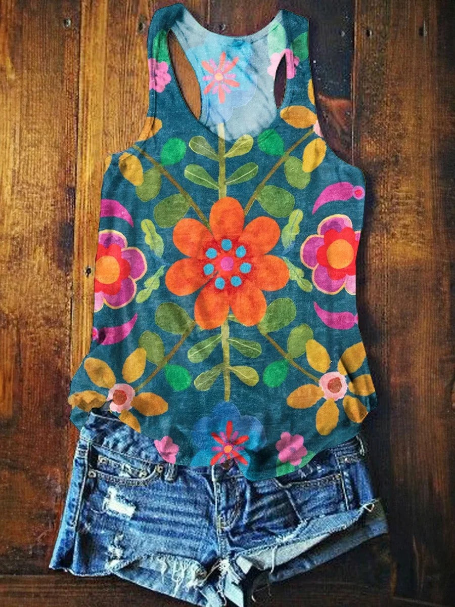 Women's Bohemian Floral Art Print Casual Cotton Linen Shirt