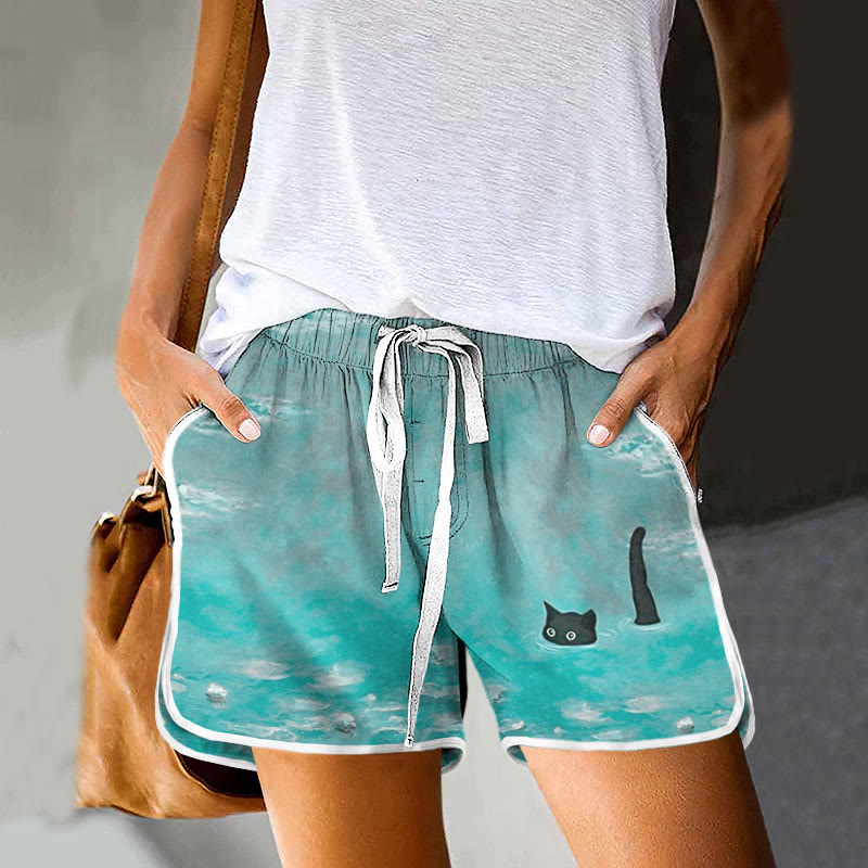 Dashingsoul Women's Oil Painting Cat Print Drawstring Pocket Shorts