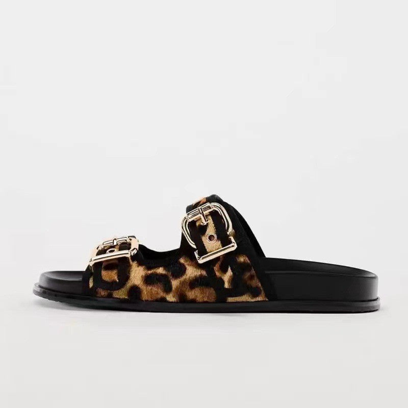Leopard Double Duckle Open Toe Flats Sandals