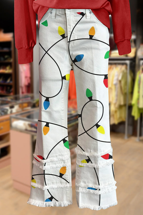Christmas Lights Print Frayed Tiered Crop Flare Pants