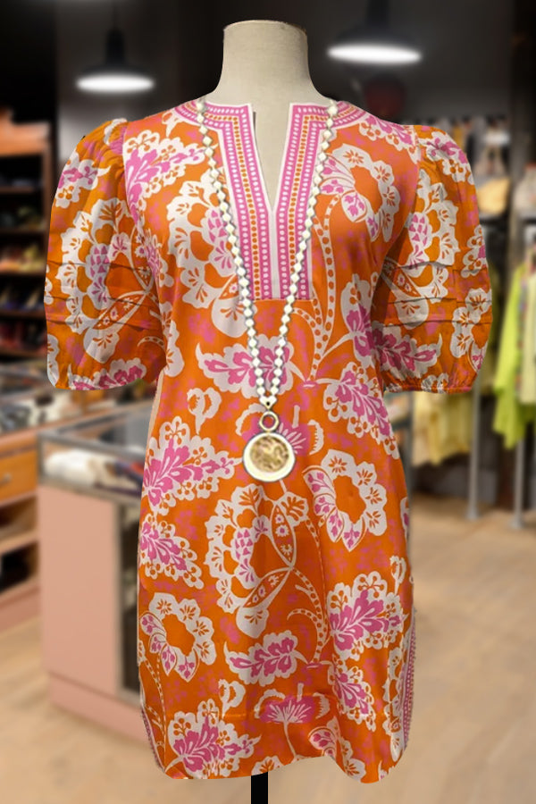 Floral Print Pleated Puff Sleeve Mini Dress