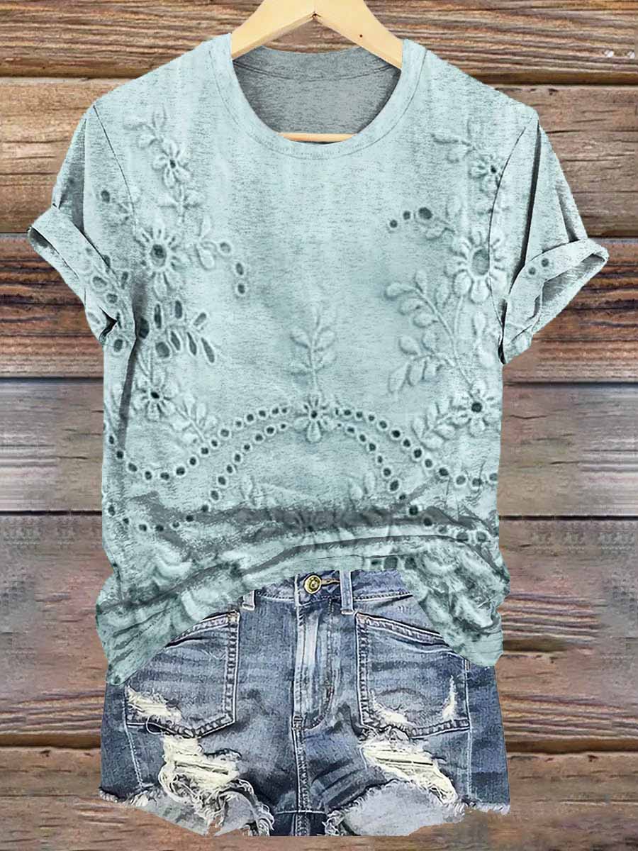 Women's Vintage Floral Texture Patterns Print Crew Neck Casual T-Shirt