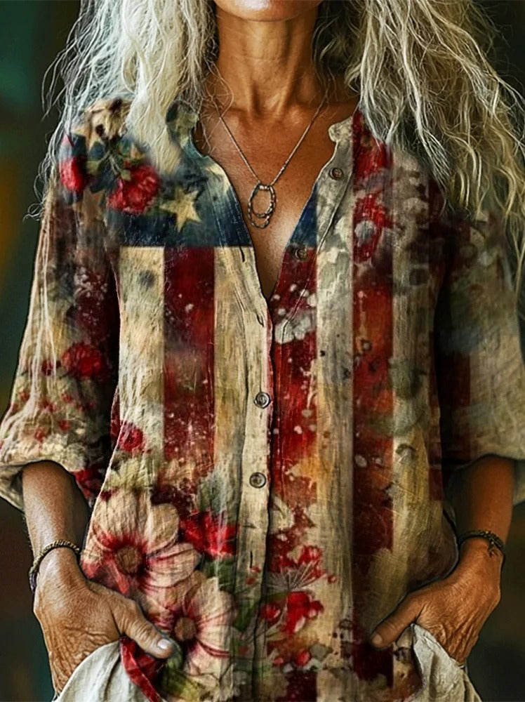 Women's Vintage Flag Floral Art Print V-neck Casual T-Shirt