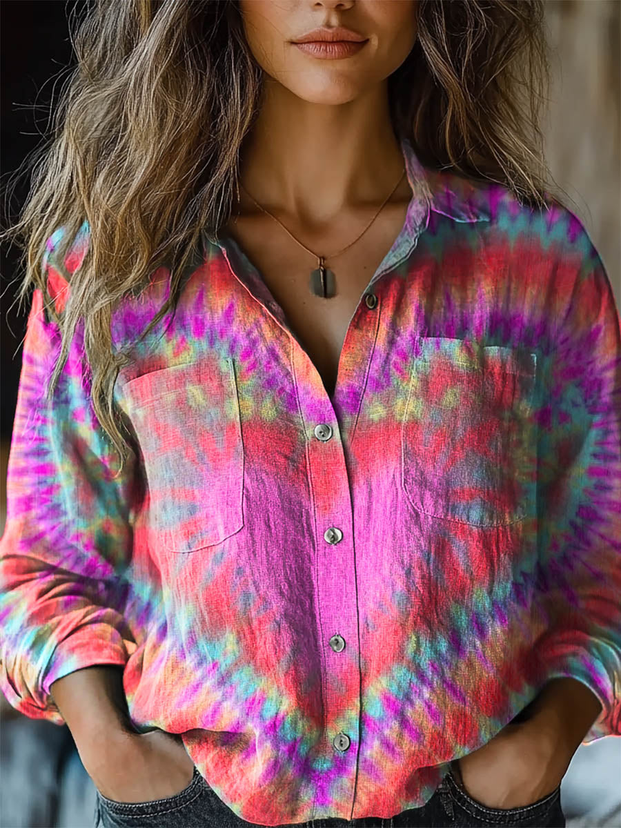 Women's Valentine's Day Colorful Heart Tie Dye Print Casual Long Sleeve Comfortable Cotton Shirt