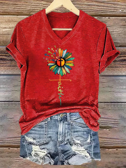 Women's Hippie Floral Art Print V-neck Casual T-Shirt