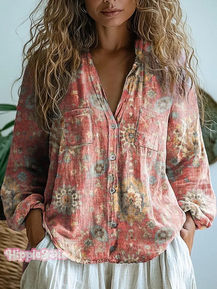 Women's Retro Ethnic Totem Pattern Casual Linen V-neck Shirt