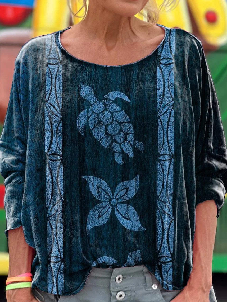 Turtle Art Print Cotton Crew Neck Women's T-Shirt